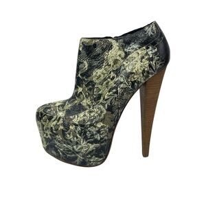 Aldo Rise Green Leather Floral Almond Toe Stiletto Heel Platform Ankle Boots 6